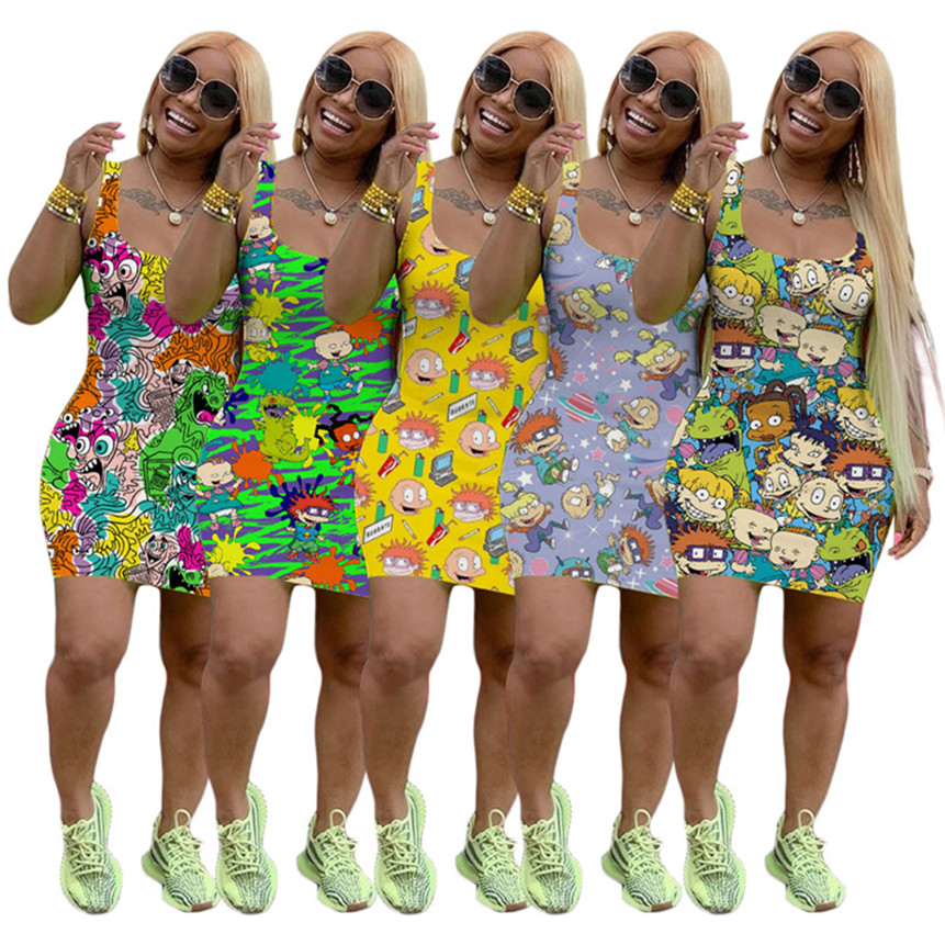plus la taille des femmes robes d'impression de bande dessinée sexy mini jupes sans manches robe maigre mode vêtements d'été tenue décontractée l
