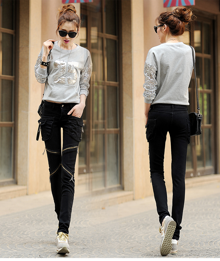 

Black Spring Haroun Pants Zipper Large Pockets Female Trousers Character Leisure Jeans Cultivate One'S Morality Show Thin Foot Pencil Pants