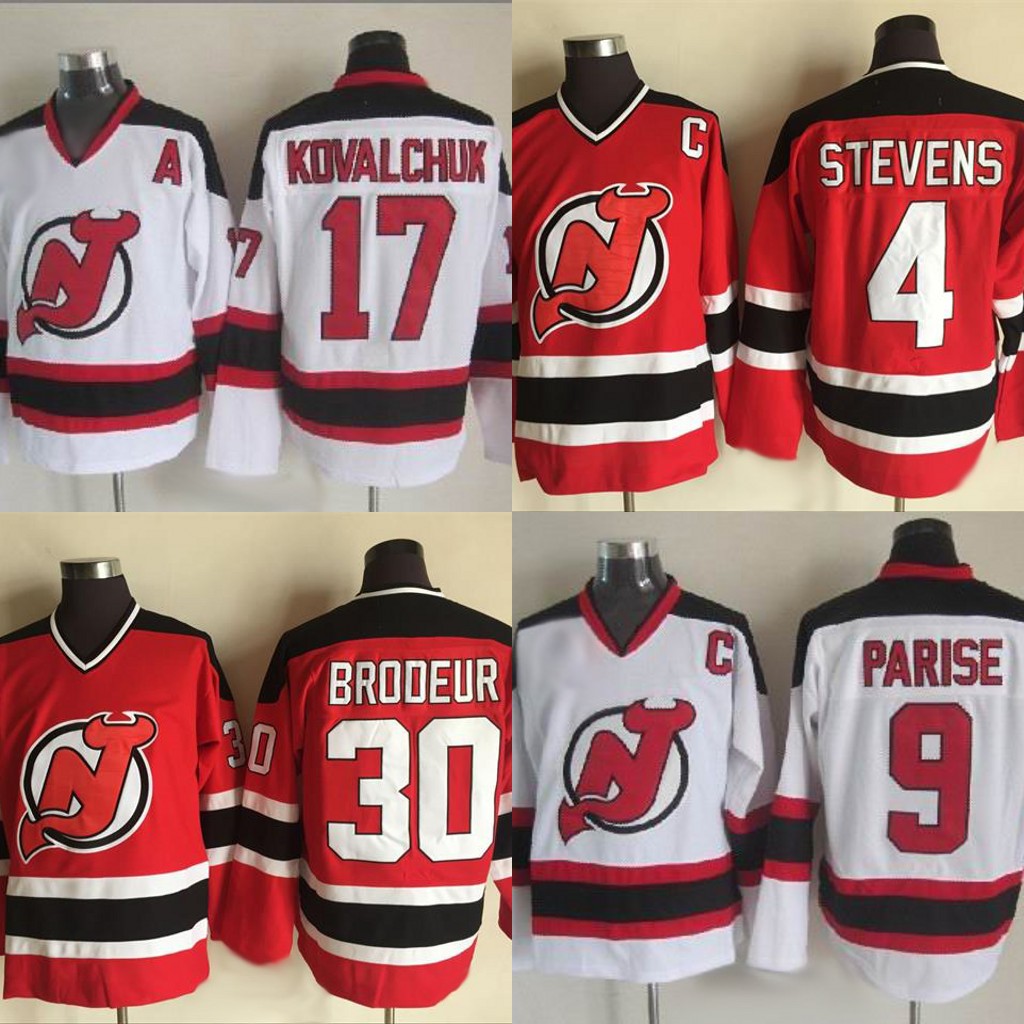 

New Jersey Devils 9 Zach Parise 4 Scott Stevens 30 Martin Brodeur 17 Ilya Kovalchuk Can be customized Retro Hockey Jersey Fast Shipping, Black;red