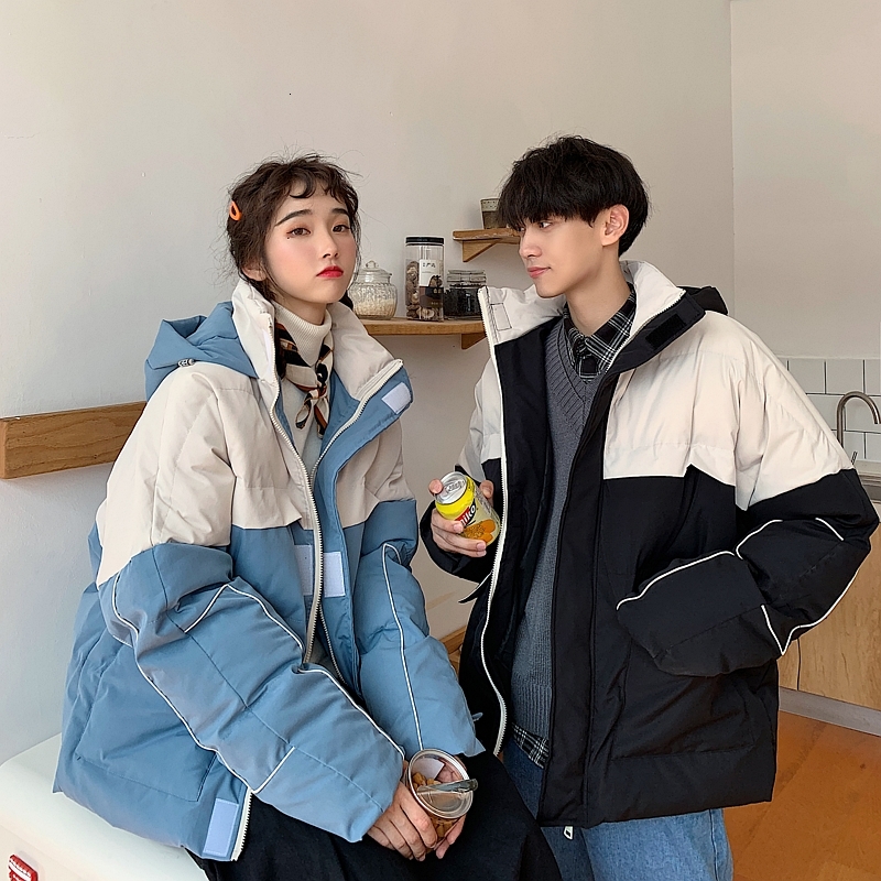 

Winter Down Jacket Men' Warmth Thick Fashion Parka Men Contrast Color Casual Cotton Hooded Coat Man Wild Loose Tooling Jacket, Black