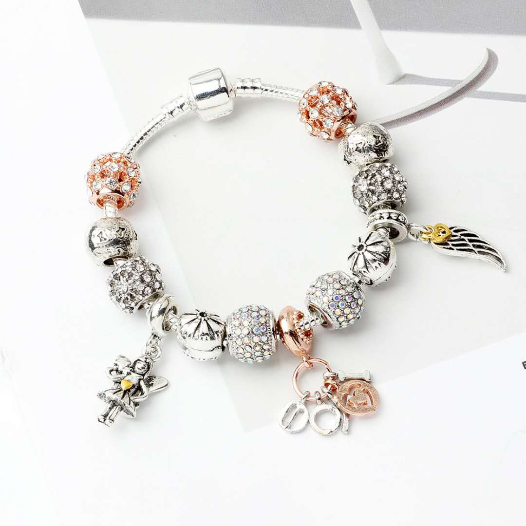 

Wholesale- New Charm Beads Silver Plated Bracelet Angle Wings Pendant Bangle snake chain Wedding Gift Diy Jewelry Accessories with logo