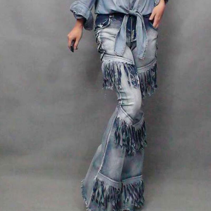 

New Fashion Womens Vintage Tassel Bell-bottom Motorcycle Stretch Cowboy Pants Tassels Casual Trousers Wide Flared Jeans, Same as pic