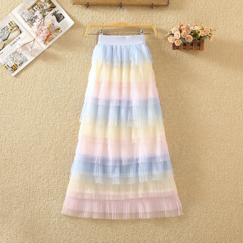 

of new fund of 2019 autumn and winter show thin color cake skirt tall waist pleated white gauze skirts veil, See chart