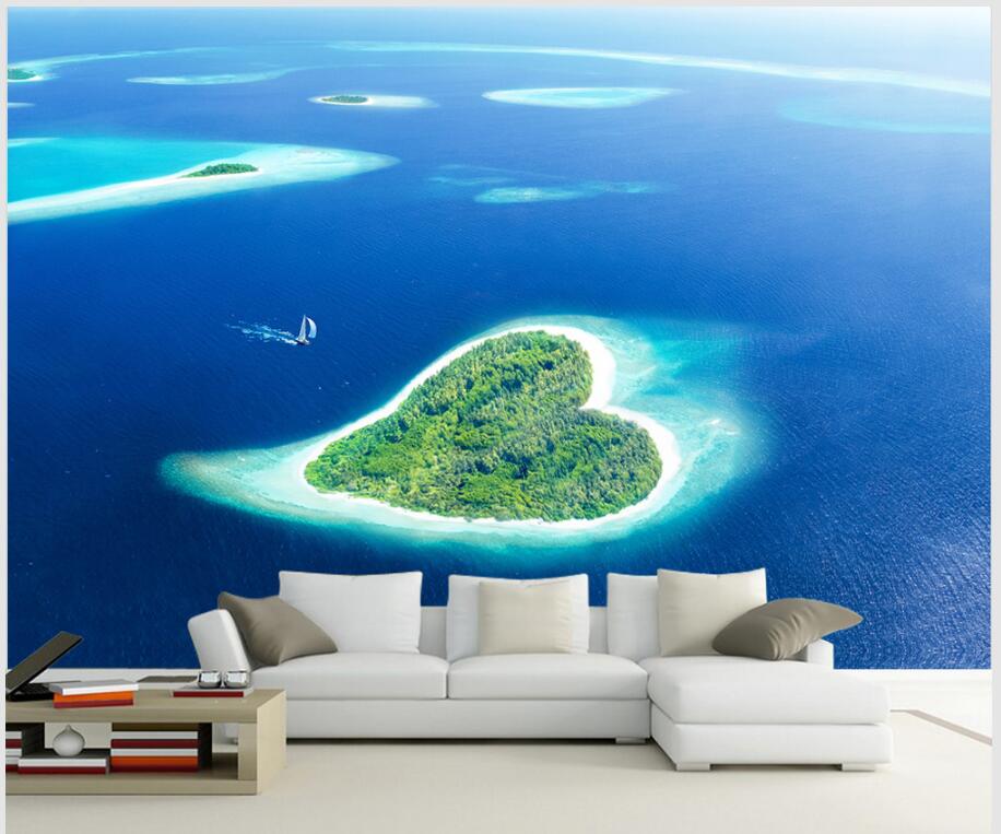 

3d wallpaper custom photo mural Romantic beautiful blue sea heart shaped island room home decor 3d wall murals wallpaper for walls 3 d, Non-woven
