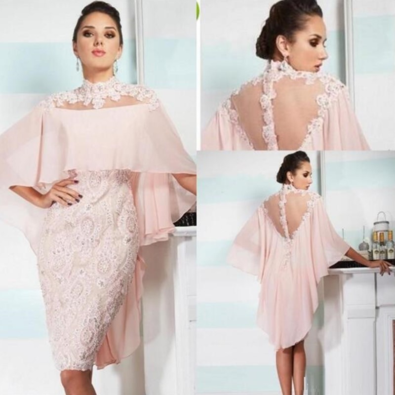 

2020 Sexy Short Blush Pink Mother of bride dresses Illusion Chiffon Lace Appliques Beads With Wraps Plus Size Party Wedding Guest Gowns