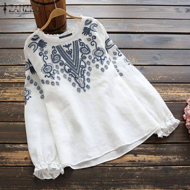 

5XL ZANZEA Spring Vintage Blouse Women Long Sleeve Embroidery Tunic Tops Cotton Ruffles Shirts Female Blusas Mujer Chemise, White
