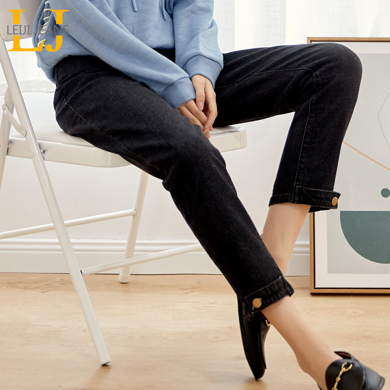 

LEIJIJEANS New Arrival Spring harem casua loosel women jeans Mid-waist black retro loose plus size jeans for women 9003, Black 9003