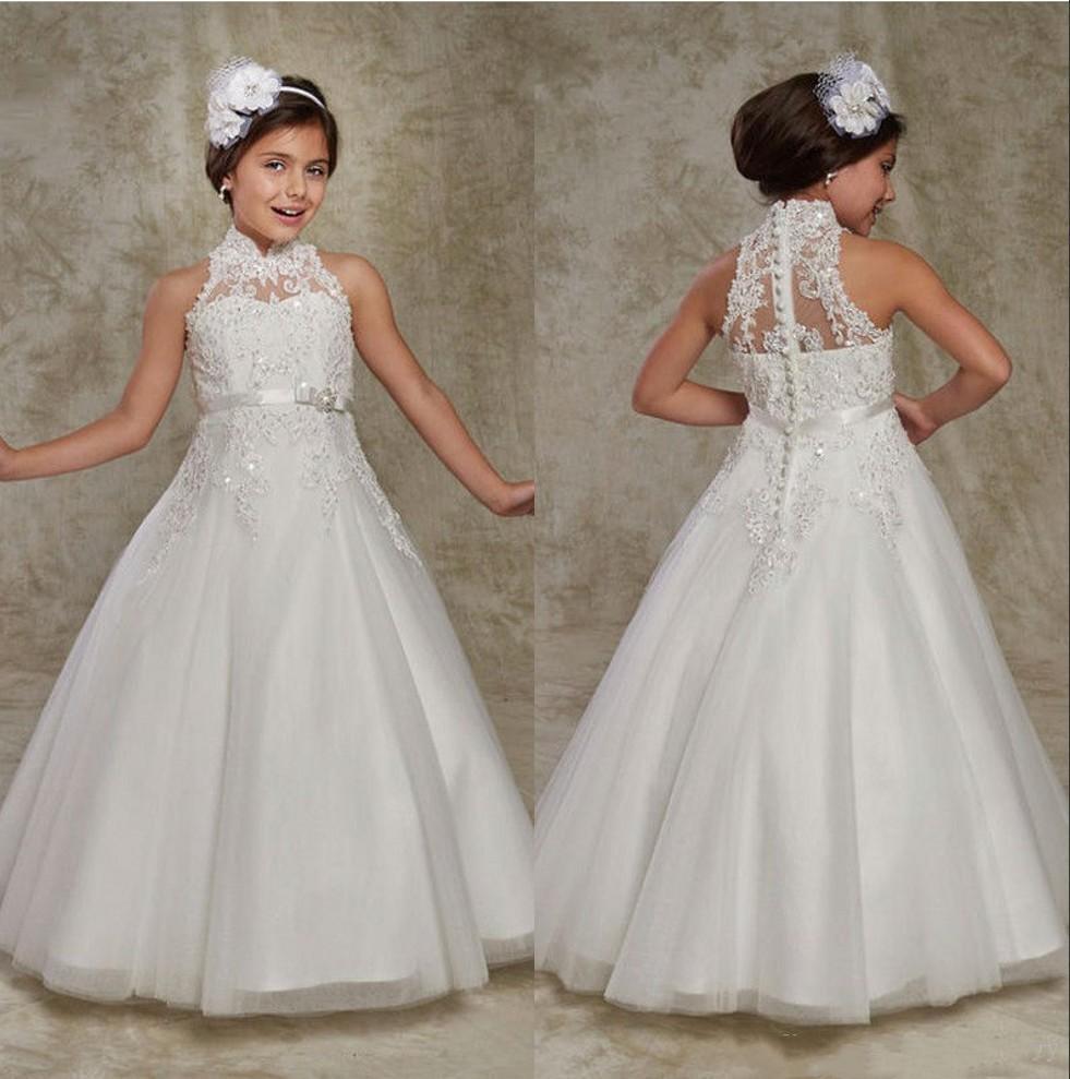 

Kids High Collar Flower Girl Dresses 2020 Appliqued Lace Buttons Back Formal Little Girls Pageant Party Gown First Communion Dress AL5328, Lanvender
