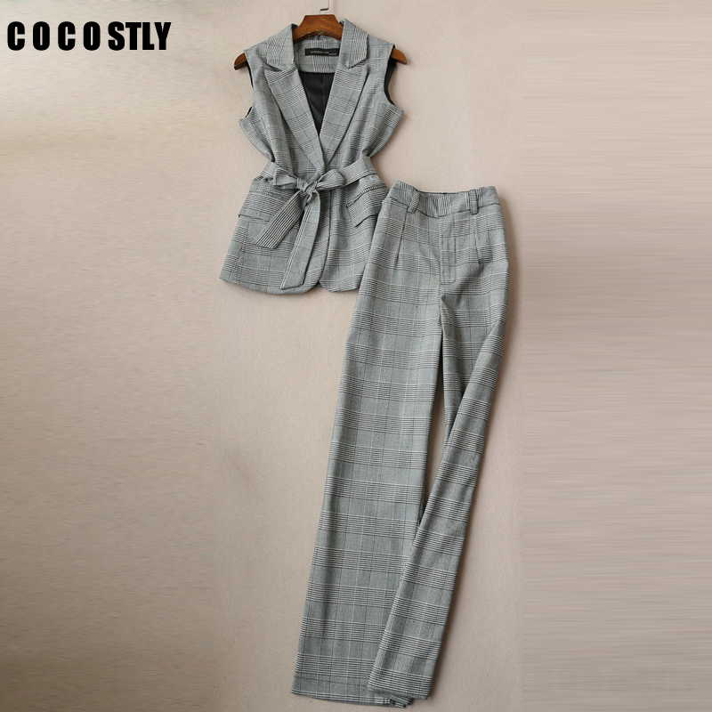 

New 2019 2 Piece Set Elegant Plaid Pant Suit Waistcoat Belt Gray Vest Women Sleeveless Jacket Blazer Office Lady Work Wear, Lattice