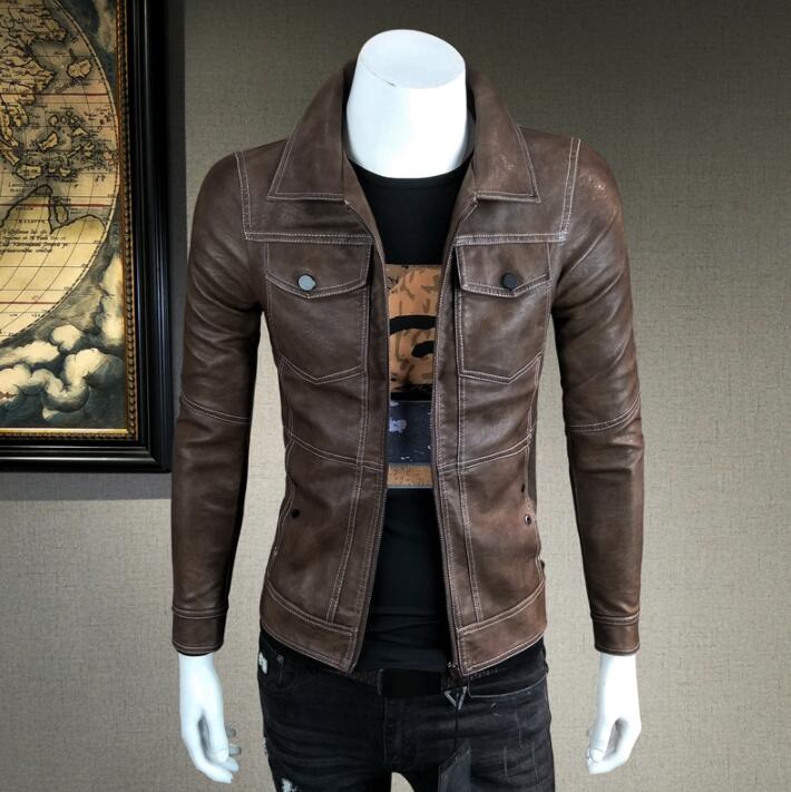 

Retro mens leather jacket slim motorcycle coat men jackets lapel clothes autumn jaqueta de couro stage street fashion, Brown