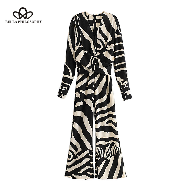 

Bella Philosophy Vintage Zebra Print Sashes Jumpsuit Women 2019 V Neck Back Zipper Pockets Ladies Rompers Casual Bodysuit, As picture