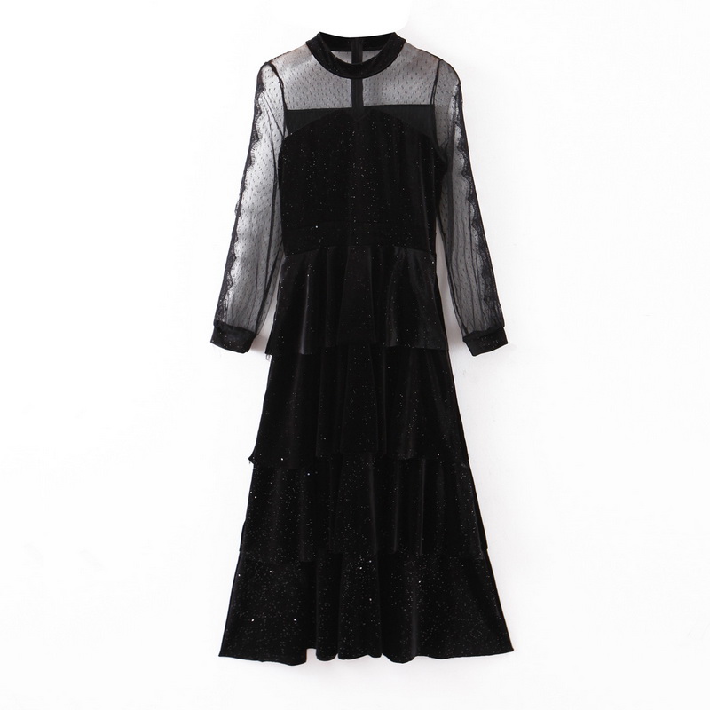 

Shine Through Women Black Dress Spring 2020 New Fashion Hollow Out Mesh Lace Patchwork Velour Modern Lady Long Dresses