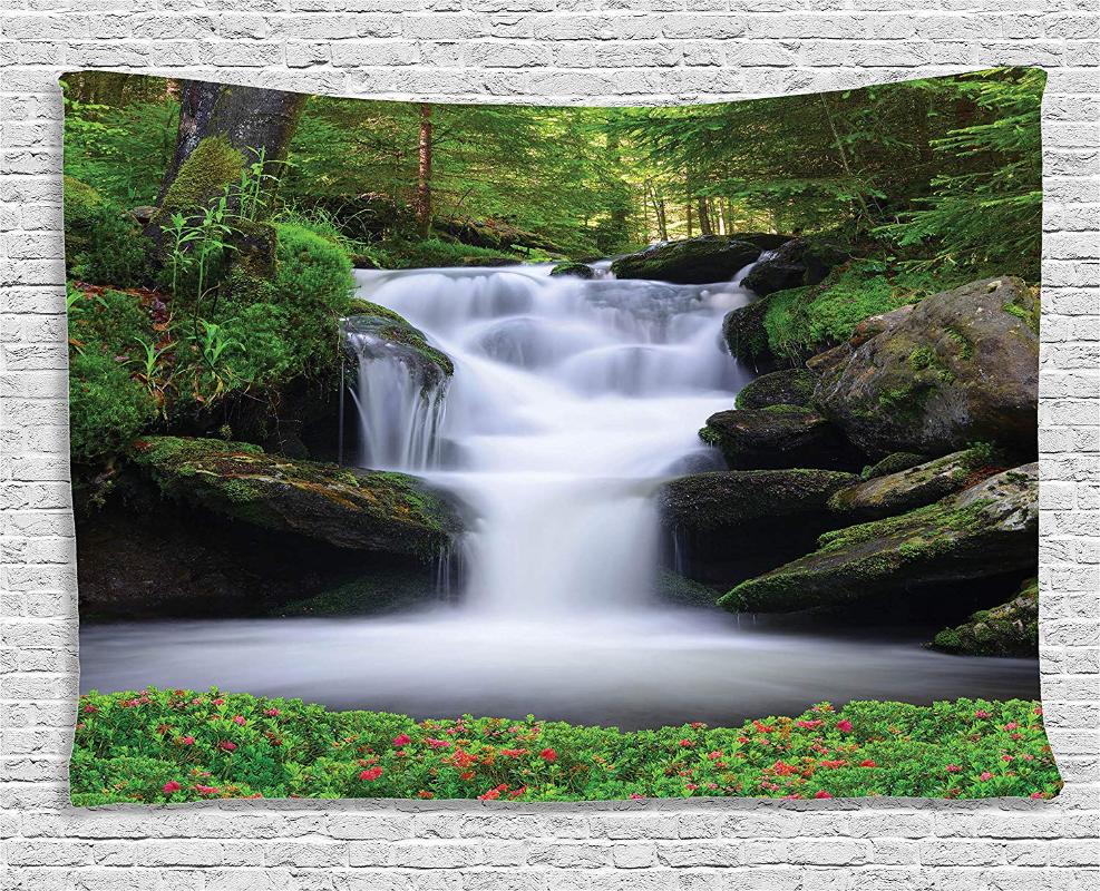

Natural Waterfall Decor Tapestry Dream Like Image of Waterfall with Trees and Flowers in Forest Mother Nature Wall Hanging Green