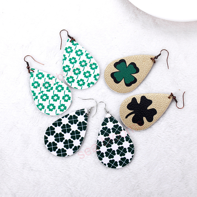 

Free DHL Women Charm Jewelry Dangle Earrings Lady Fashion Lucky Clover Pattern Pu Leather Drop Earrings Women Girl Studs 12 Styles U62FA