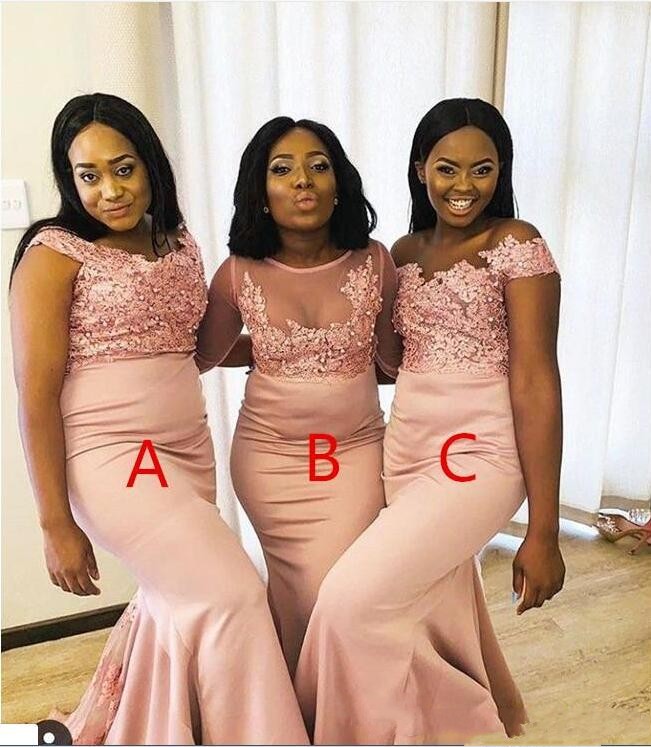 

Pearl Pink African Mermaid Bridesmaid Dresses For Weddings Guest Dress Off the Shoulder Satin Lace Mixed Styles Formal Maid of Honor Gowns