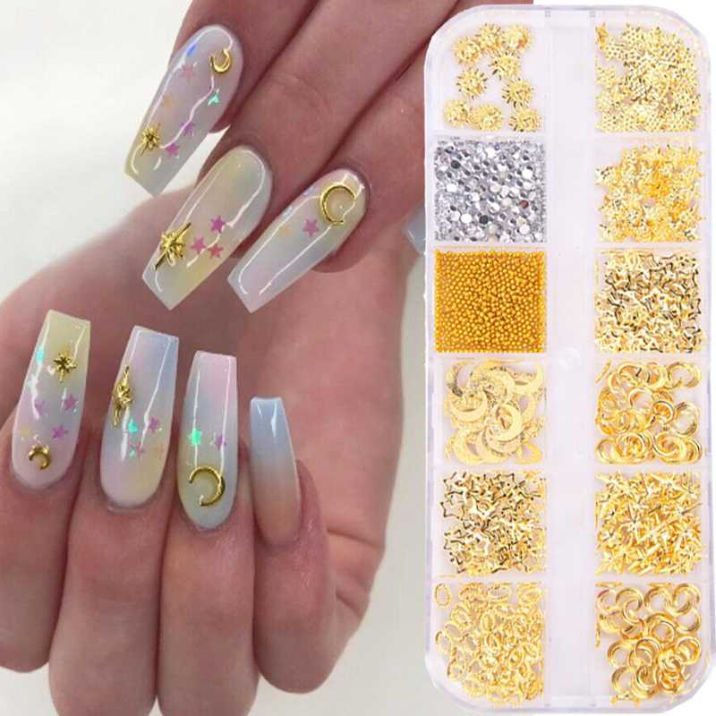 

12pcs / box of nail art sequins rivets moon stars golden metal nails 3D charm decoration