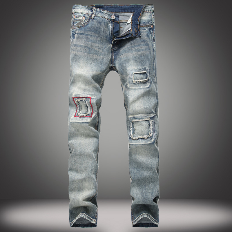 

Jeans men's new slim jeans men's fashion hole slim straight retro denim trousers, Nostalgic