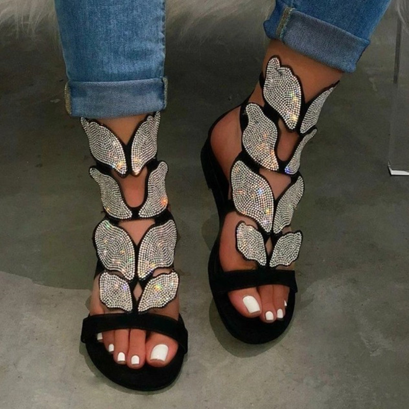 

Sparkly Beaded Butterfly Women Designer Sandals Summer Flat Lady Shoes Three Colors Plus Size Soft Beach Sandal, Black