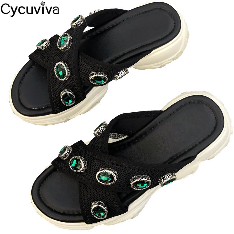 

Jewels Thick Sole Women Slippers Summer Beach Shoes Femme Open Toe Platform Mules 2020 Runway Casual Crystal Shoes Women, Black
