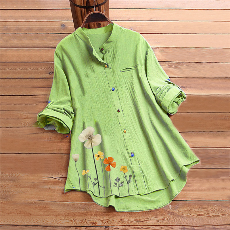 

Women Fashion Printed Shirt Stand Collar Elegant Color Buttons Decor Casual Long Shirts Spring 2020 Women Clothing For Ladies, Green