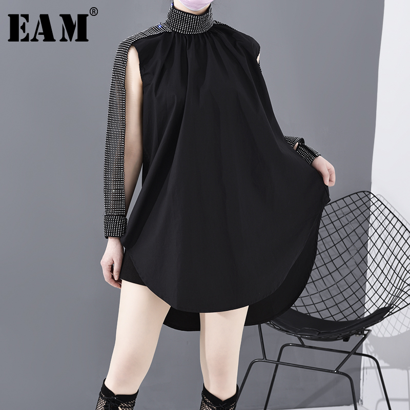 

[EAM] Women Black Rhinestone Hollow Out Big Size Blouse New Lapel Long Sleeve Loose Fit Shirt Fashion Spring Autumn 2020 JQ514