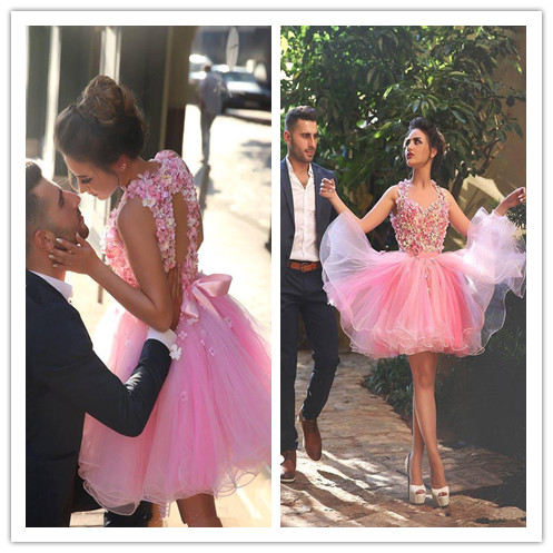 

2019 New Pink Halter Neck Backless 3D Flower Cocktail Dresses Elegant Backless Short Prom Dresses Tulle Homecoming Dresses, Water melon