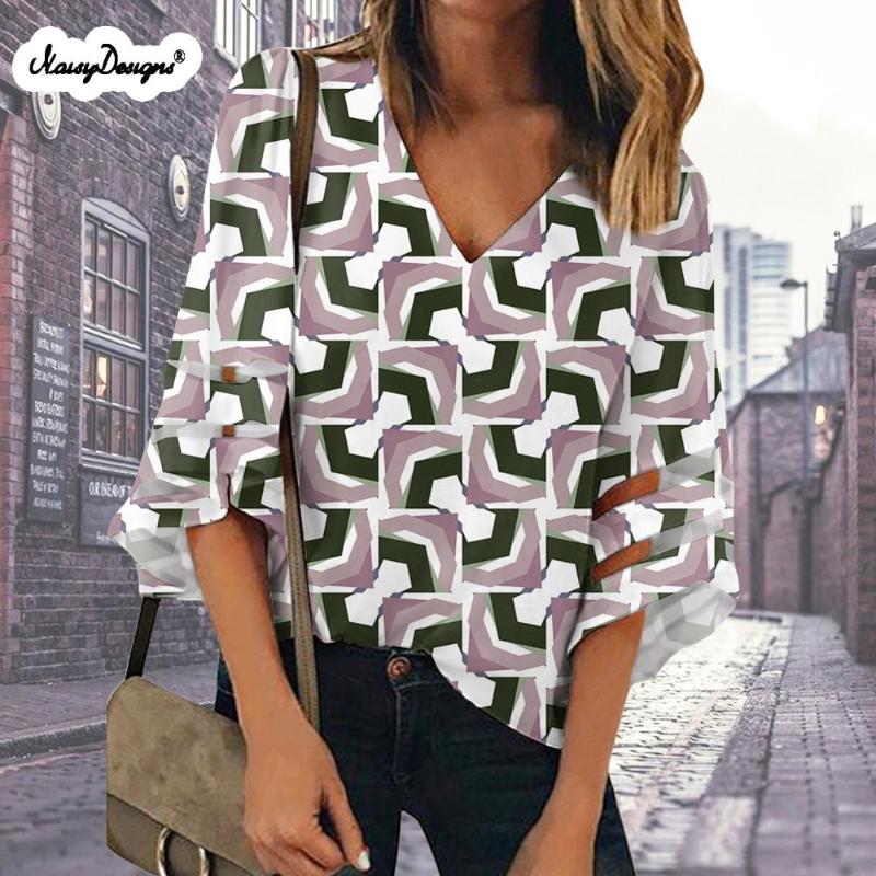 

NOISYDESIGNS Korean Women Blouse Harajuku Geometric patterns Print Blouse Casual Loose Long Sleeve Shirt Tops Plus Size V-neck, Blue