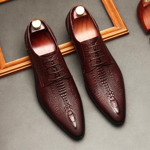 

Designer Men Cowskin Alligator Dress Shoes loafers luxury Genuine Leather Red bottom Breathable Lace-Up Flats Leather shoes British style, Option picture color
