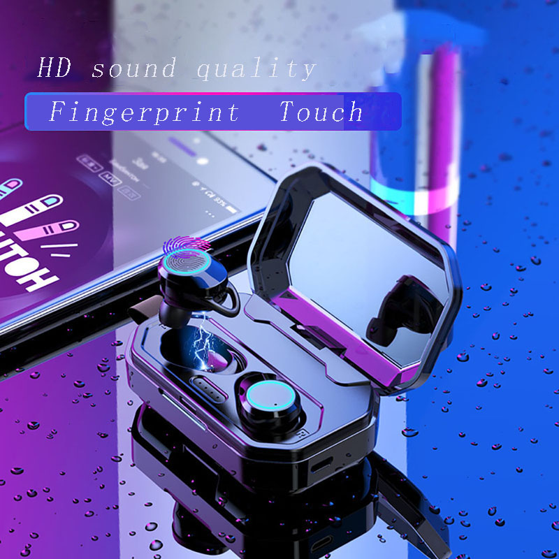

Smart Bluetooth 5.0 earphone fingerprint touch binaural stereo surround sound automatic matching denoise IPX7 waterproof mobile power supply, Black