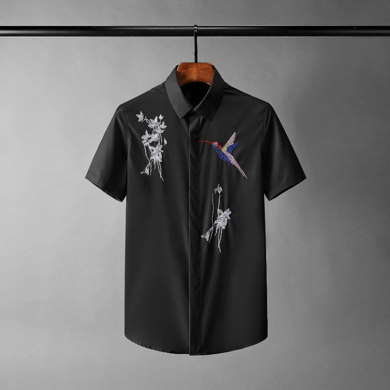 

Birdie Embroidery Mens Shirts Luxury Short Sleeve Casual Black White Man Shirts Plus Size 4xl Slim Fit Party Male