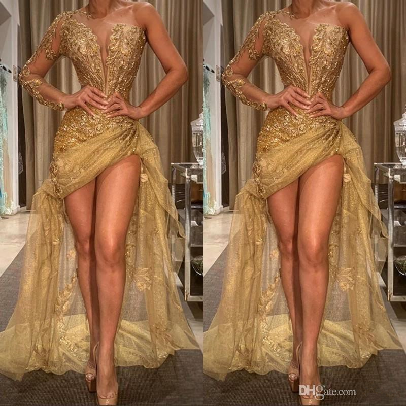 

Gold Sexy African Prom Pageant Dresses High Low Lace Appliques One Shoulder Evening Gown Sheer Long Sleeve Formal Wear robes de soiree, Light yellow