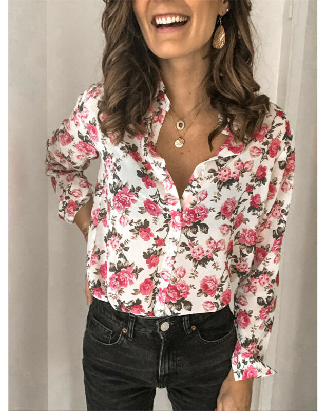 

New Women' Shirt Pullover Ladies Casual Tee V-Neck Buttons Blouse Tops Work, Silver