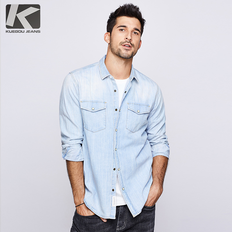 

KUEGOU 2020 Autumn 100% Cotton Denim Shirt Men Dress Casual Slim Fit Long Sleeve For Male Fashion Brand Blouse Plus Size 6276, Blue