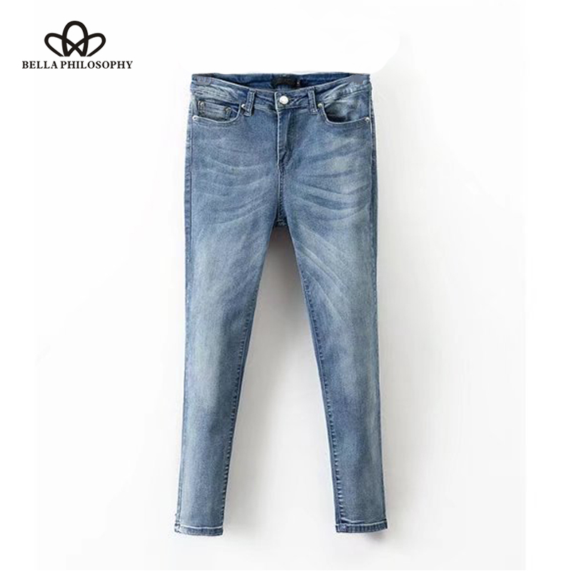 

Philosophy 2020 spring women high waist pants zipper female star print bleached jeans full length ladies pencil pants, Blue