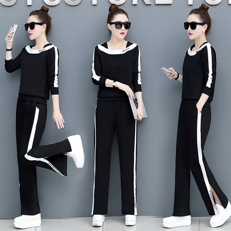 

Plus Size Two Piece Sport Suit Autumn Women Warm Tracksuit Matching Set Outfit Long Sleeve Sweatshirt And Slit Wide Leg Pants, Pink