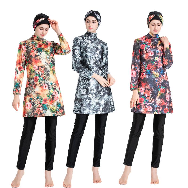 

S- Arabic Islamic Women Swim Wear Burkini Muslim Swimwear Hooded Hijab Swimsuit Floral Swim Surf Wear Sport Burkinis 3 Piece