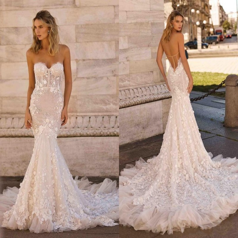 

Stunning Lace Mermaid Wedding Dresses Sexy Backless Sweetheart Bridal Gowns With 3D Appliques Long Train Wedding Dress, White