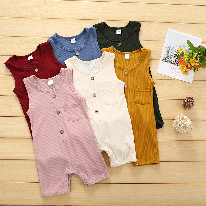 

Infant Baby Button Jumpsuit Girls Pocket Romper Kids Designer Clothes Boys Solid Sleeveless Jumpsuits Kids Casual Outfits M1509, Blue