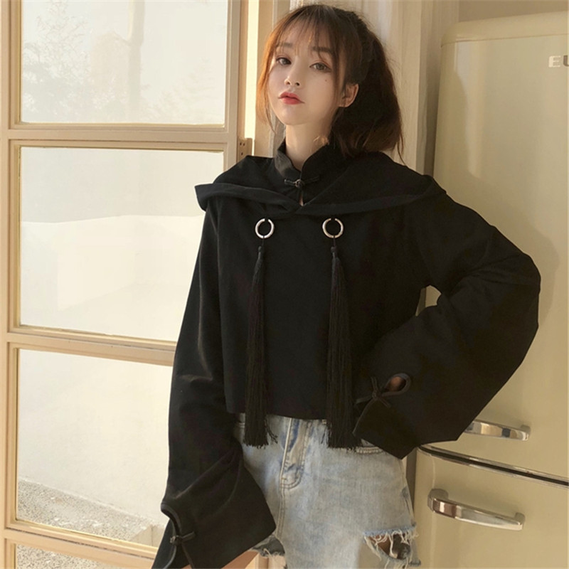

Gothic Vintage Black Women Cropped Hoodie Kpop Punk Harajuku Cute Tassel Pullover Japanese Solid Cool Girl Kawaii Sweatshirts, Black hoodies