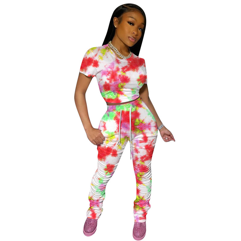 women two piece outfits Summer Tie Dyed Designer Clothes 2pcs Clothing Sets Womens 20ss Designer Tshirts Stacked Leggings Pants Suits