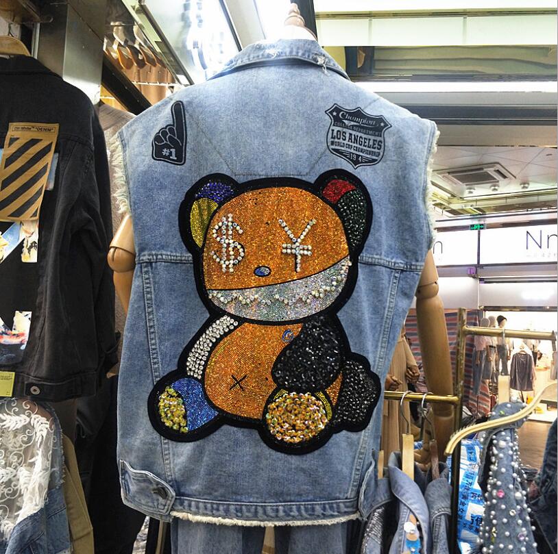 Denim Gilet Femmes Sans manches Wilond Diamonds Dessin animé Ours Jeans Manteau Femelle Loge Plus Taille Denim Veste Veste Gilets W793