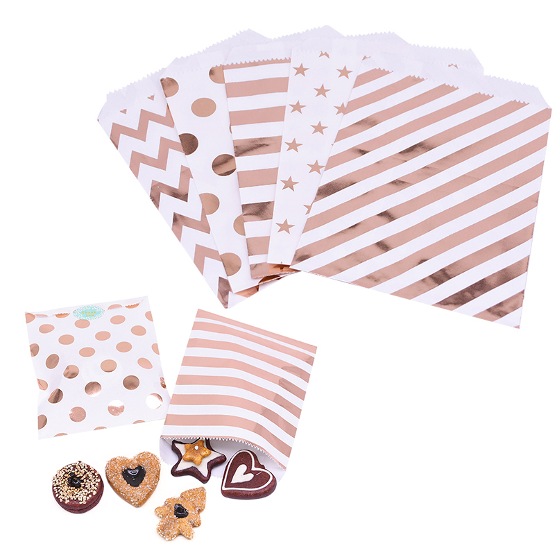 

25pcs Rose Gold Paper Bags Gift Bag Treat Candy Bag Wedding Party Favor Packing Snack Cookies Chevron Polka Dot Stripe Bags