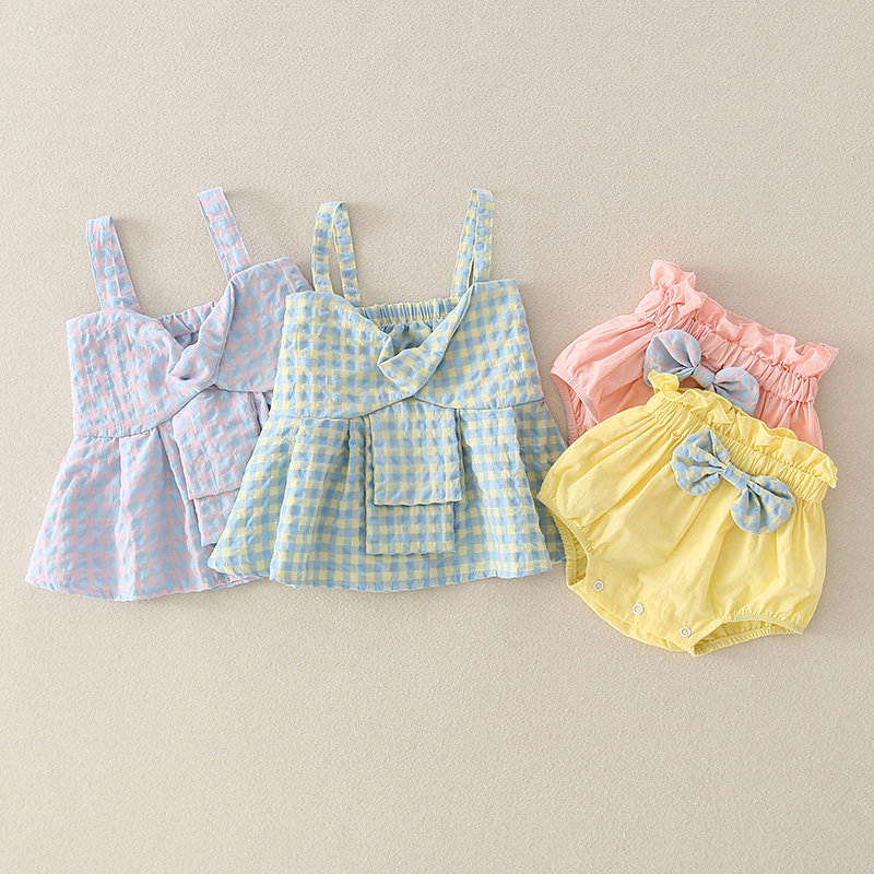 

Infant Clothes Set Newborn Baby Girl Romper Dress Bodysuit Summer Plaid Print Bow Jumpsuit Playsuit Sunsuit Toddler 2pcs Costume, Pink