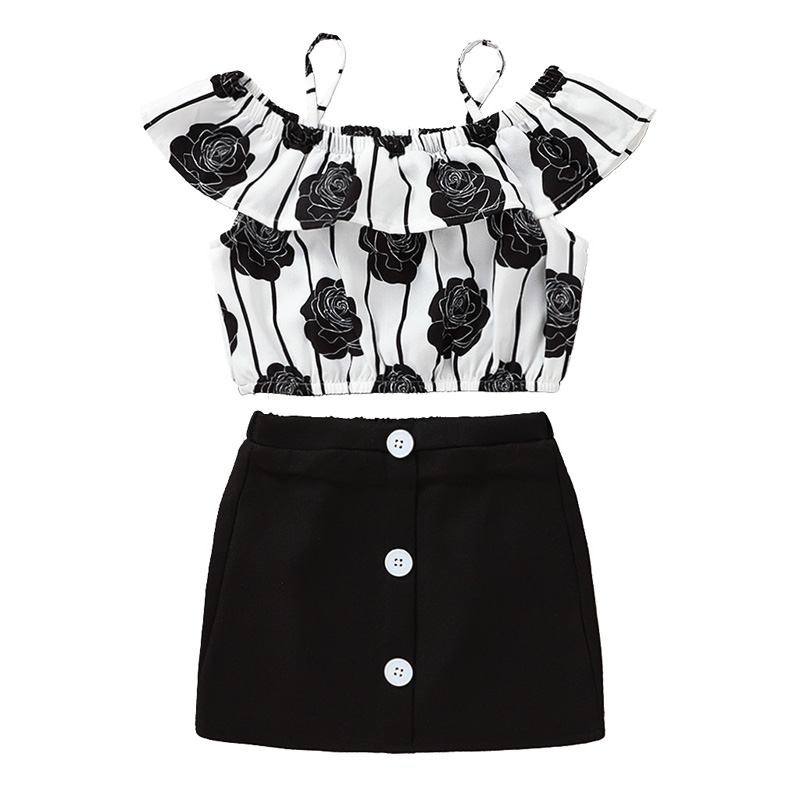 

Girls Sleeveless Suspender Belt Off Shoulder Rose Print Tops and Black Skirt Set Baby Girl Summer T-shirt and Dress Suit Clothing Two Pieces, As picture