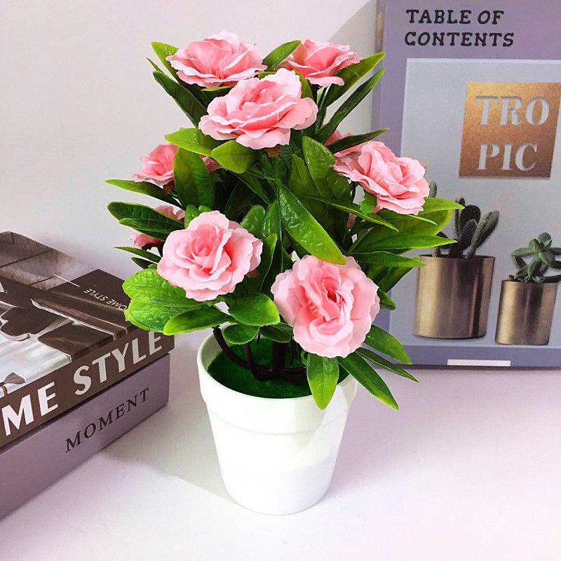 

Artificial Simulated Bonsai Tabletop Rose Fake Flower Potted Home Decor Display, Pink