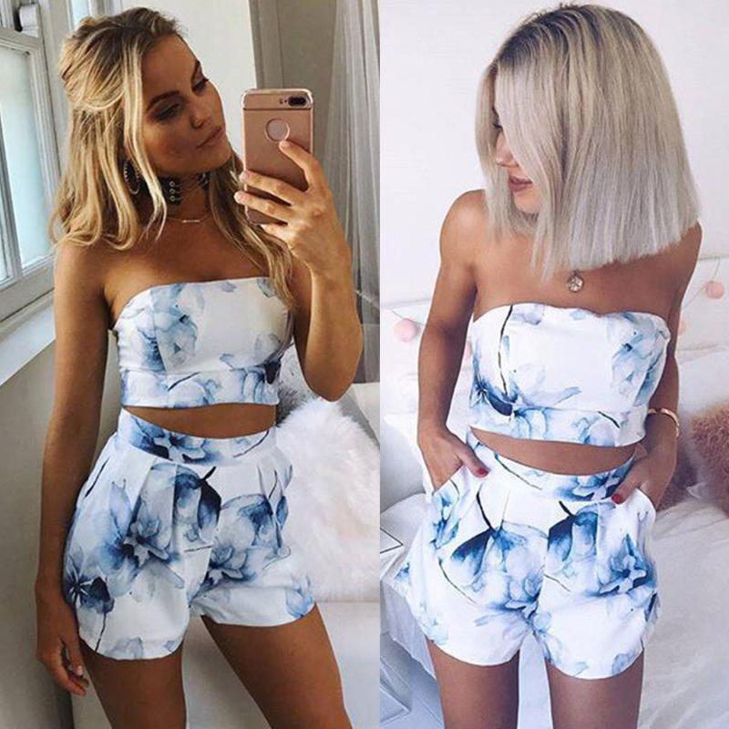 

Two Piece Dress Women Ladies Prints Off Shoulder Top Shirt Blouse Shorts Pant 2PCS Set FJSL, White