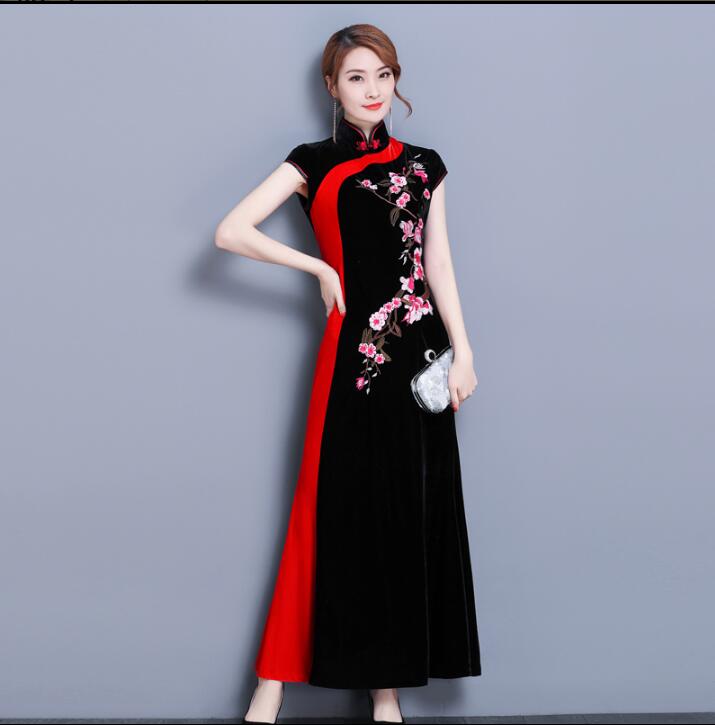 

2018 Spring Red Cheongsam Modern Chinese Traditional Dress Woman Gold velvet cheongsam