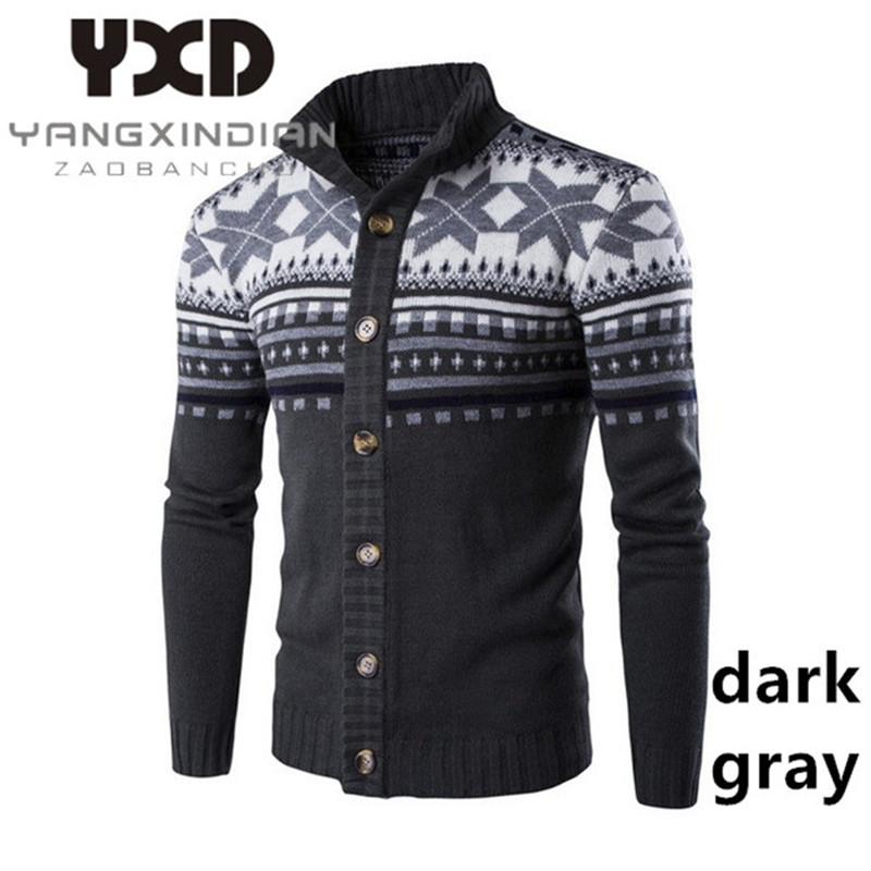 

Fashion Printed Sweatercoat Men Cardigan Sweaters Christmas Sweater For Man Casual Stand Collar Single Breasted Men's Knitting, Black
