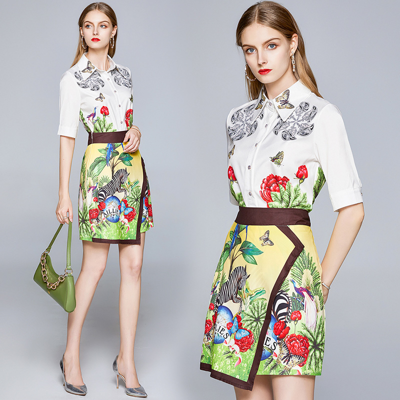 

butterfly print womens two piece sets short sleeve shirtasymmetrical skirt suit dress runway ladies luxury bodycon two piece dress, Customize