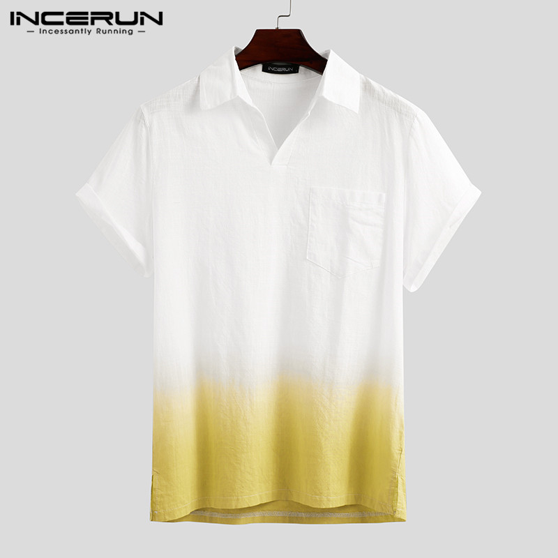 

INCERUN Summer Gradient Men Shirt Cotton Short Sleeve Tie Dye 2020 Tops Lapel Chic Casual Stylish Camisa Blouse Streetwear, Blue